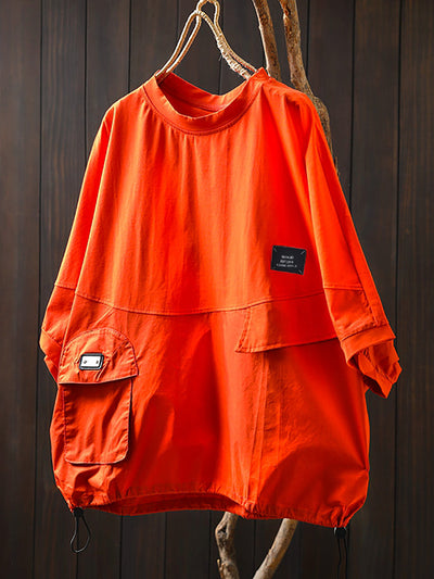 Plus Size Women Summer Pocket Pure Color O-Neck Cotton Shirt