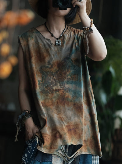Women Summer Retro Tie-dye Frayed V-Neck Cotton Vest