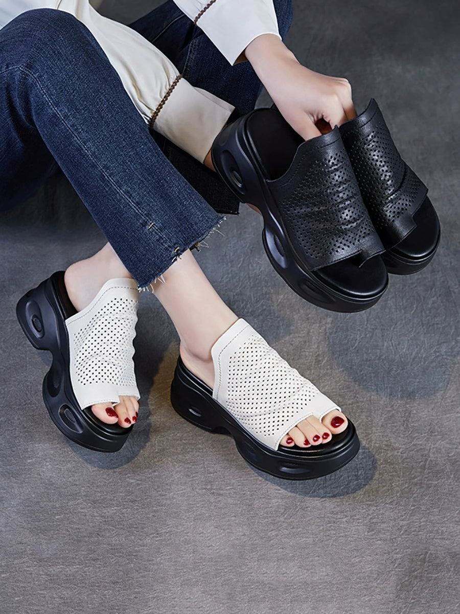 Women Summer Casual Genuine Leather Platform Slippers