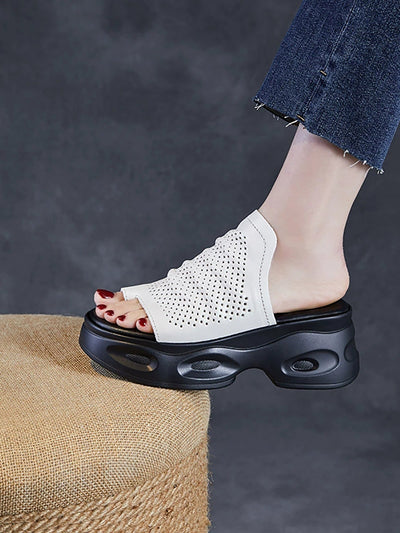 Women Summer Casual Genuine Leather Platform Slippers
