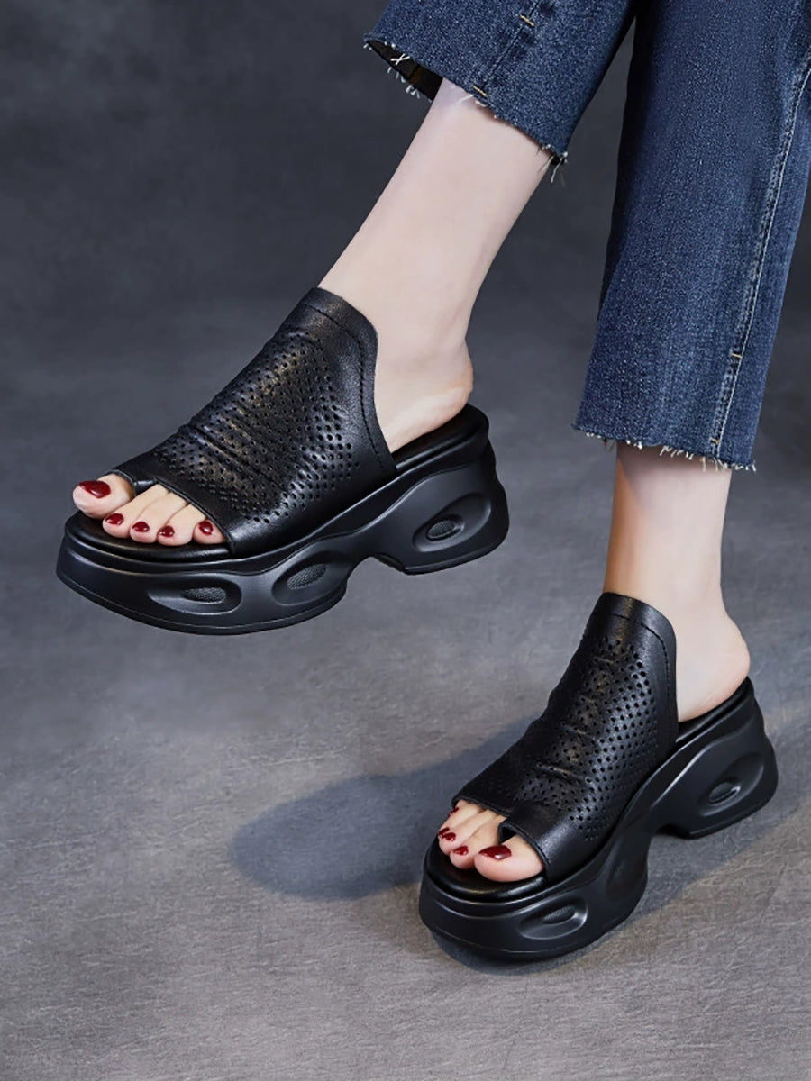 Women Summer Casual Genuine Leather Platform Slippers
