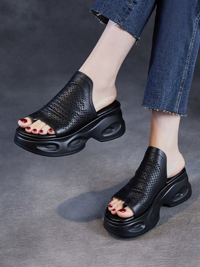 Women Summer Casual Genuine Leather Platform Slippers