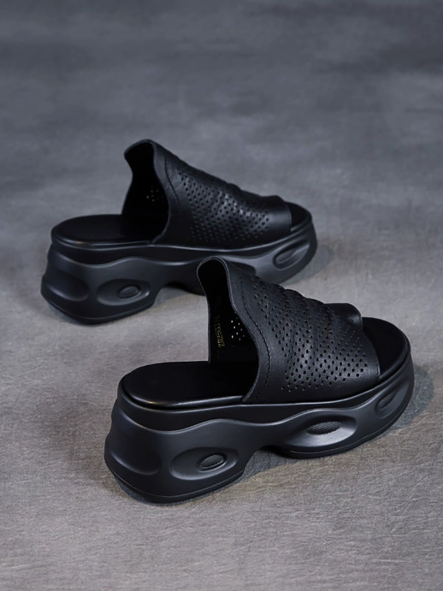 Women Summer Casual Genuine Leather Platform Slippers