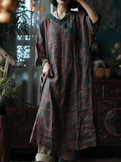 Women Summer Ethnic Flower 100%Ramie V-Neck Dress