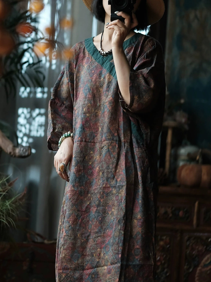 Women Summer Ethnic Flower 100%Ramie V-Neck Dress