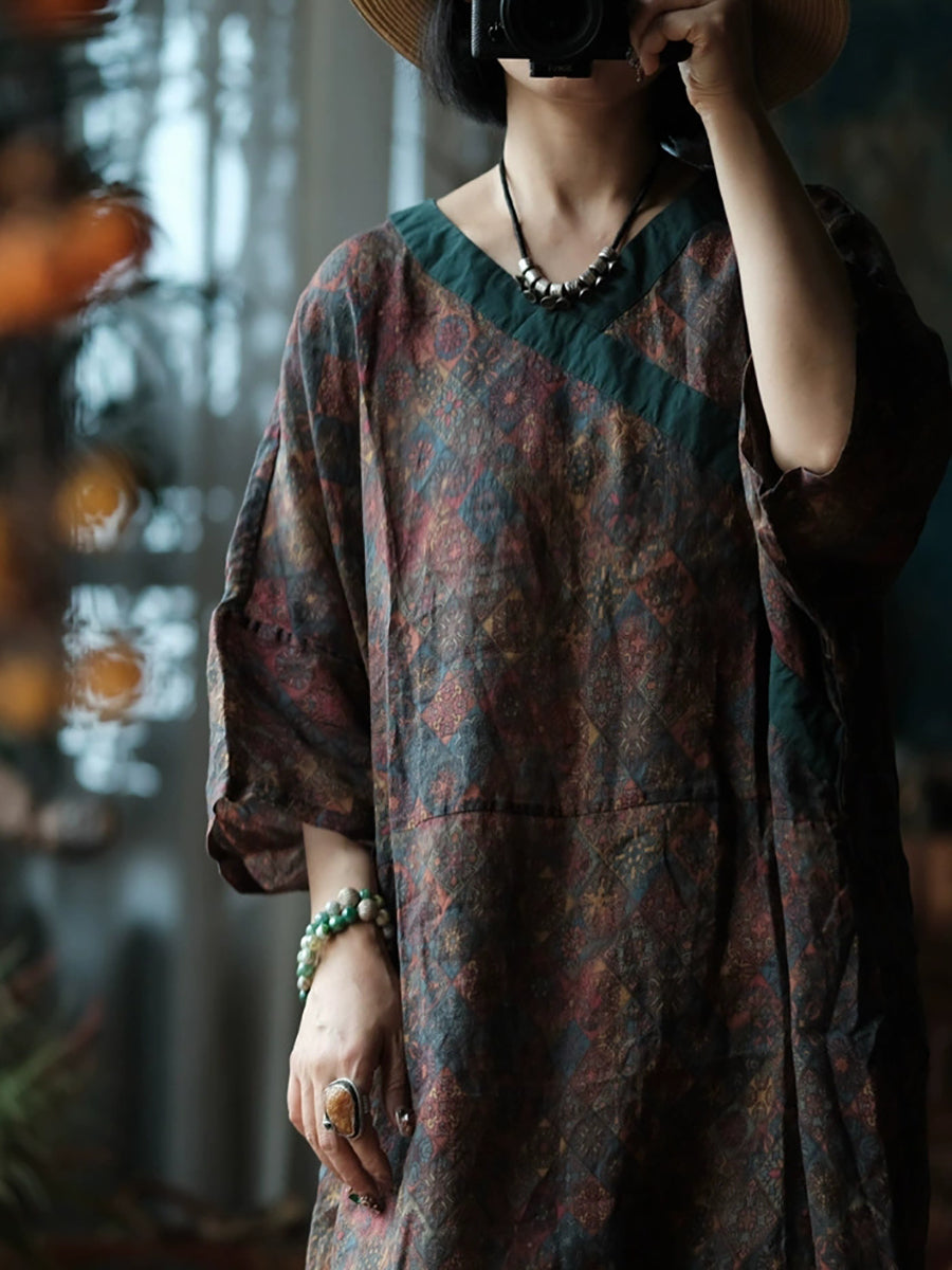 Women Summer Ethnic Flower 100%Ramie V-Neck Dress