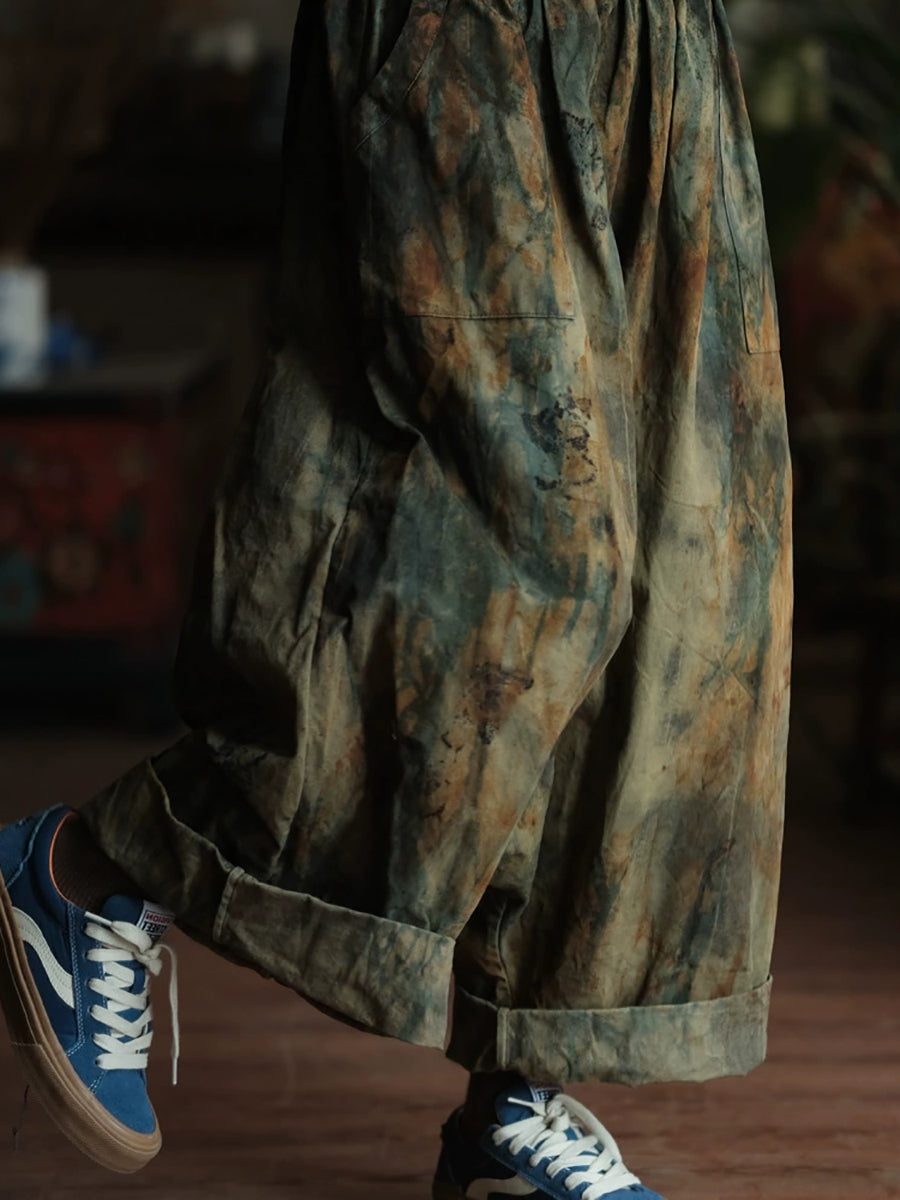 Women Summer Retro Tie-dye Cotton Wide-leg Pants