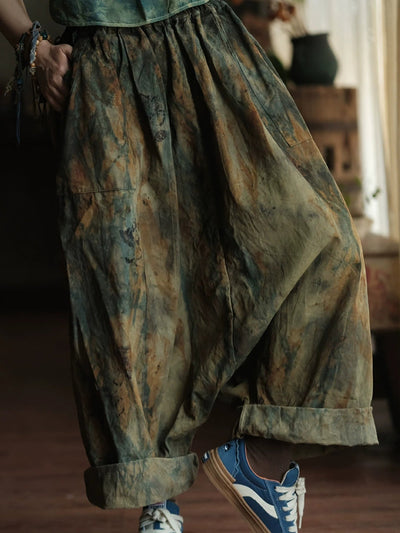 Women Summer Retro Tie-dye Cotton Wide-leg Pants