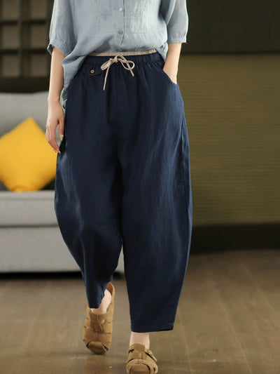 Women Summer Retro Pure Color 100%Linen Harem Pants