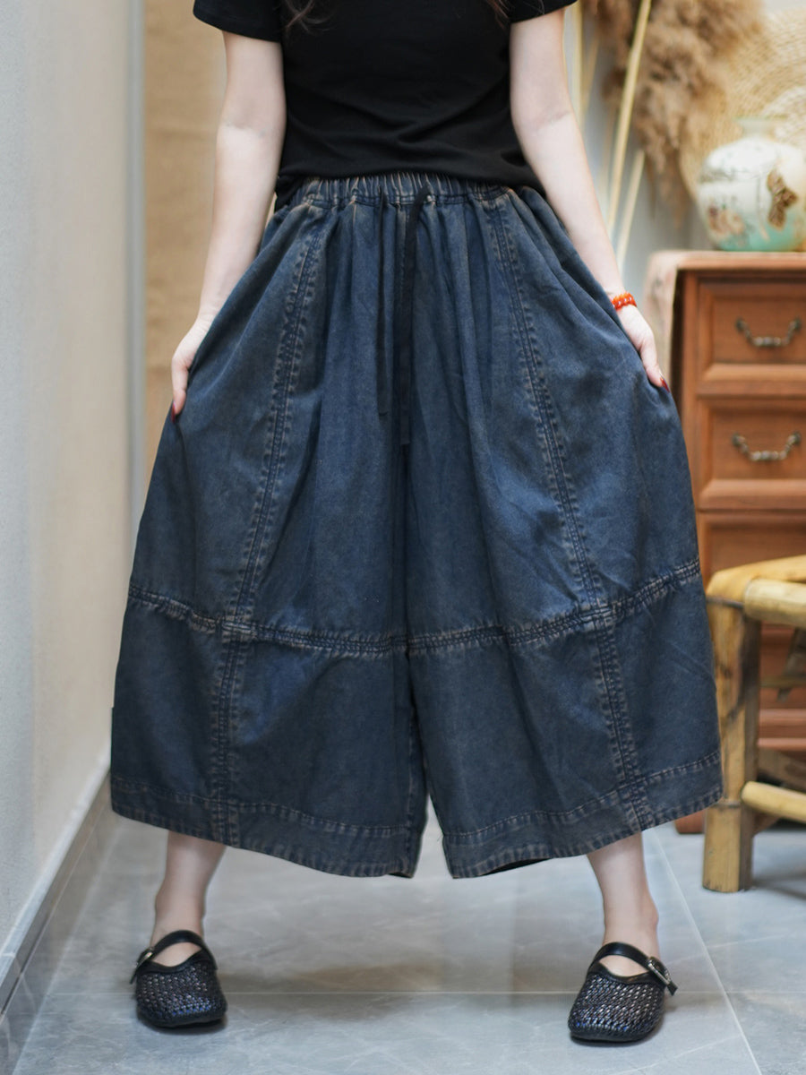 Women Casual Summer Pure Color Denim Wide-leg Pants