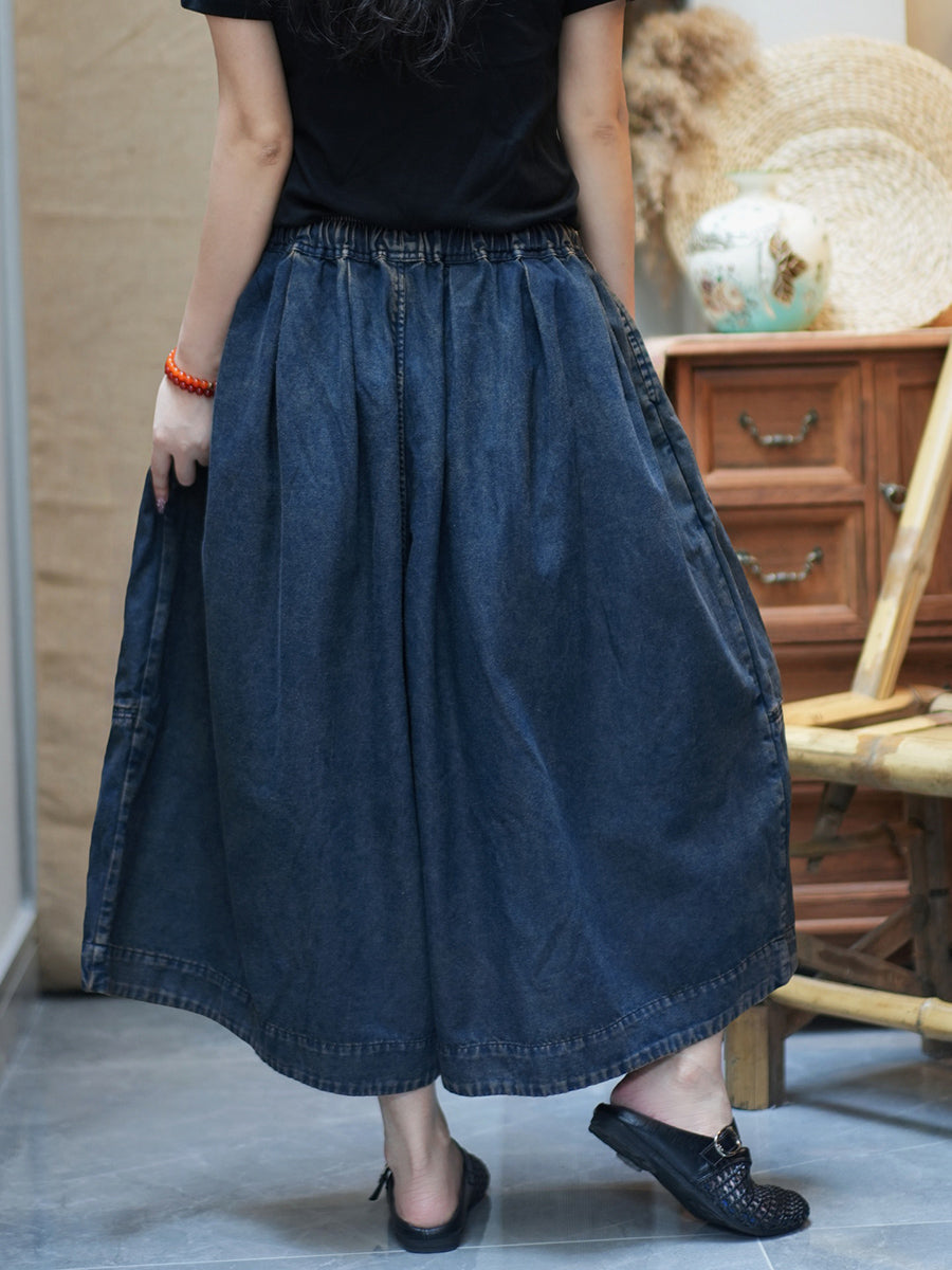 Women Casual Summer Pure Color Denim Wide-leg Pants