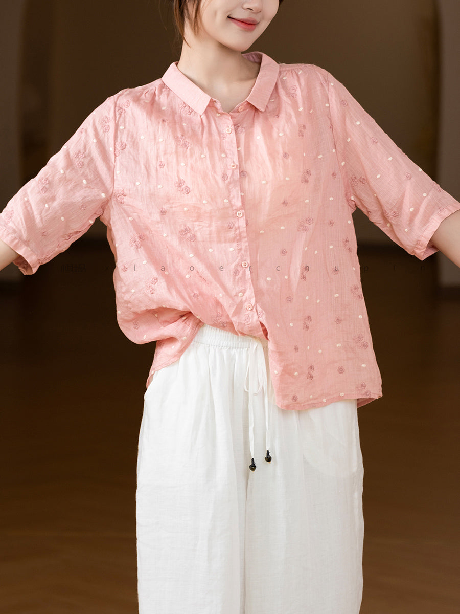 Women Summer Artsy Embroidery 100%Ramie Turn-down Collar Shirt