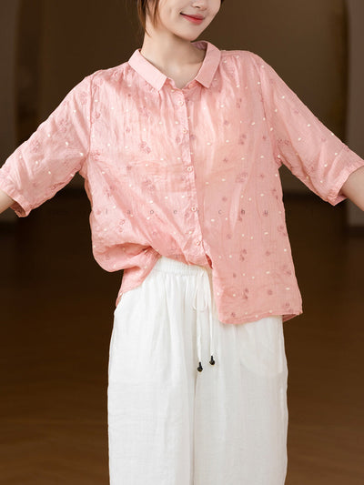 Women Summer Artsy Embroidery 100%Ramie Turn-down Collar Shirt