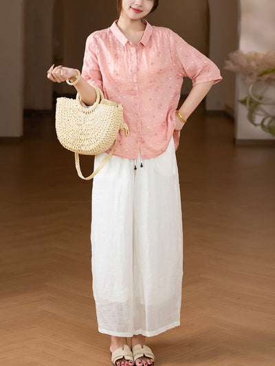 Women Summer Artsy Embroidery 100%Ramie Turn-down Collar Shirt