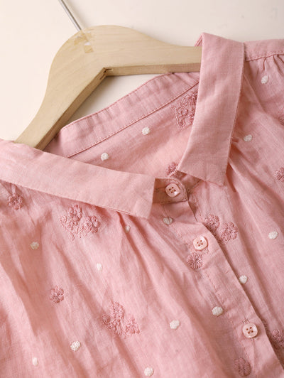 Women Summer Artsy Embroidery 100%Ramie Turn-down Collar Shirt