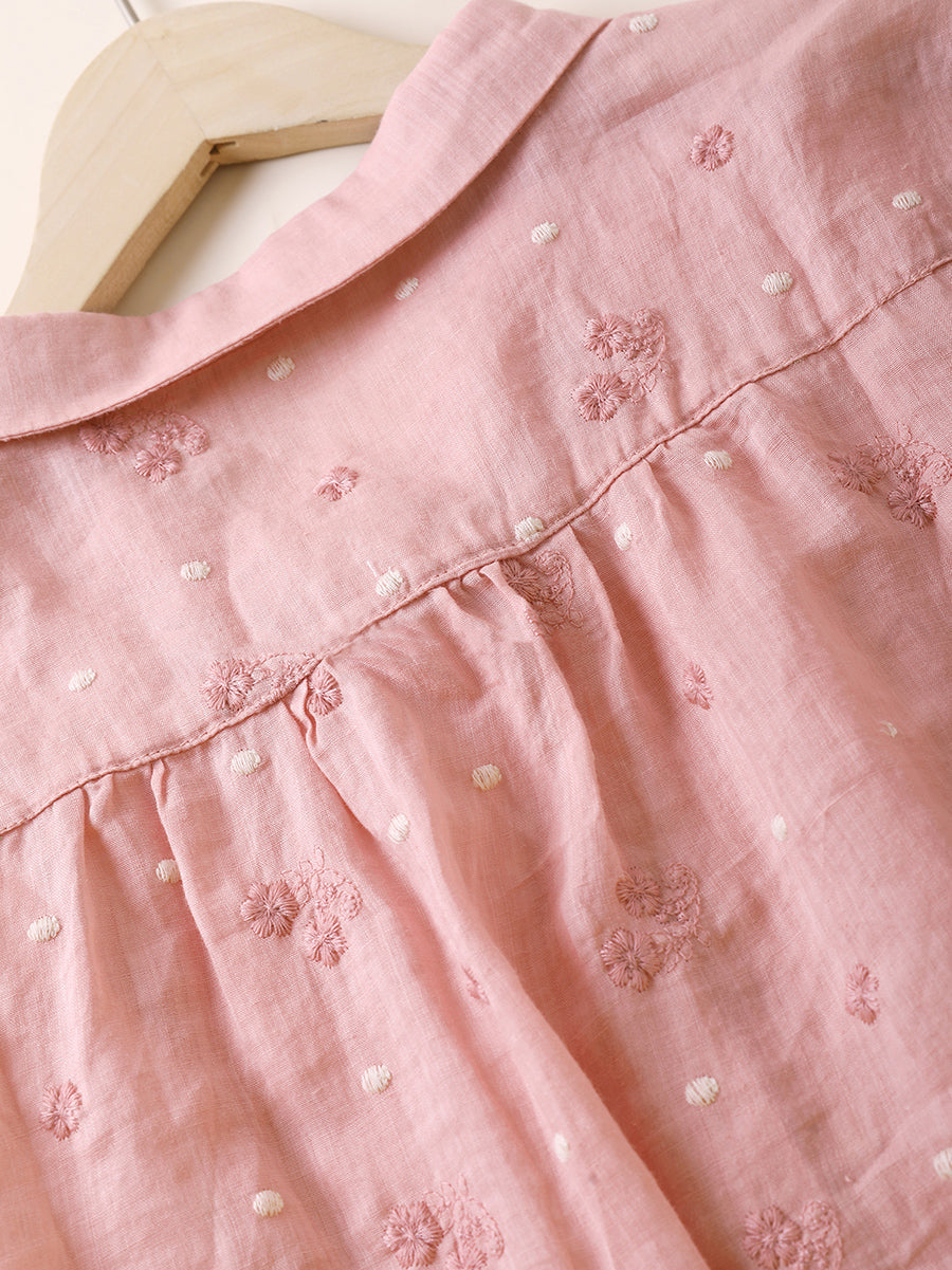 Women Summer Artsy Embroidery 100%Ramie Turn-down Collar Shirt