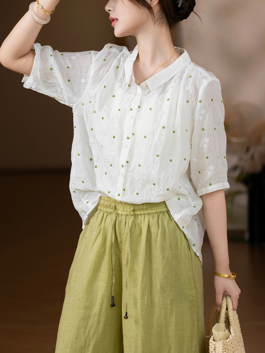 Women Summer Artsy Embroidery 100%Ramie Turn-down Collar Shirt