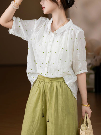 Women Summer Artsy Embroidery 100%Ramie Turn-down Collar Shirt