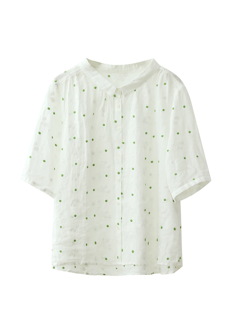 Women Summer Artsy Embroidery 100%Ramie Turn-down Collar Shirt