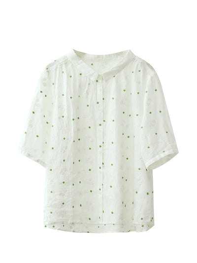 Women Summer Artsy Embroidery 100%Ramie Turn-down Collar Shirt