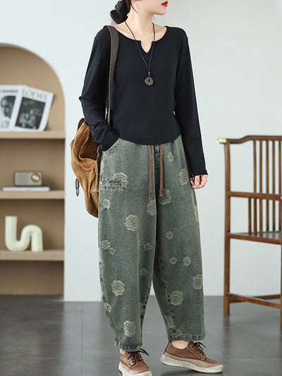 Women Artsy Summer Rose Denim Harem Pants