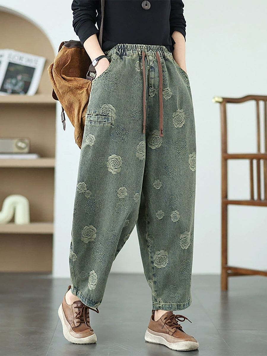 Women Artsy Summer Rose Denim Harem Pants