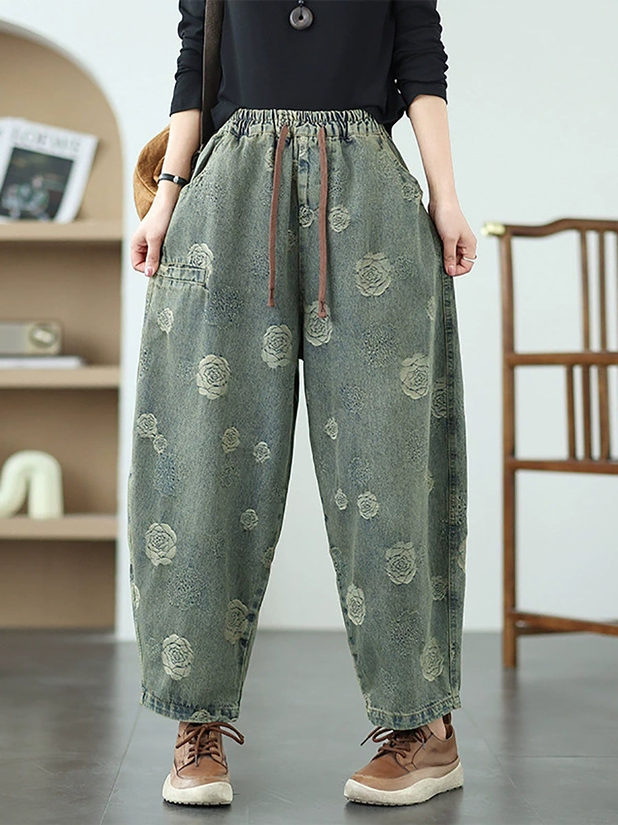 Women Artsy Summer Rose Denim Harem Pants