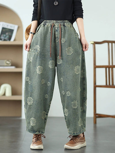 Women Artsy Summer Rose Denim Harem Pants