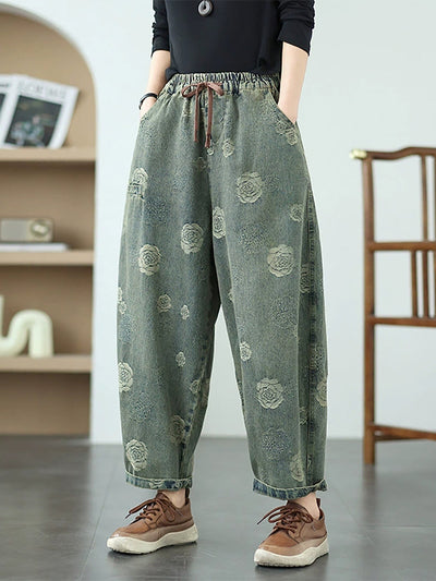 Women Artsy Summer Rose Denim Harem Pants