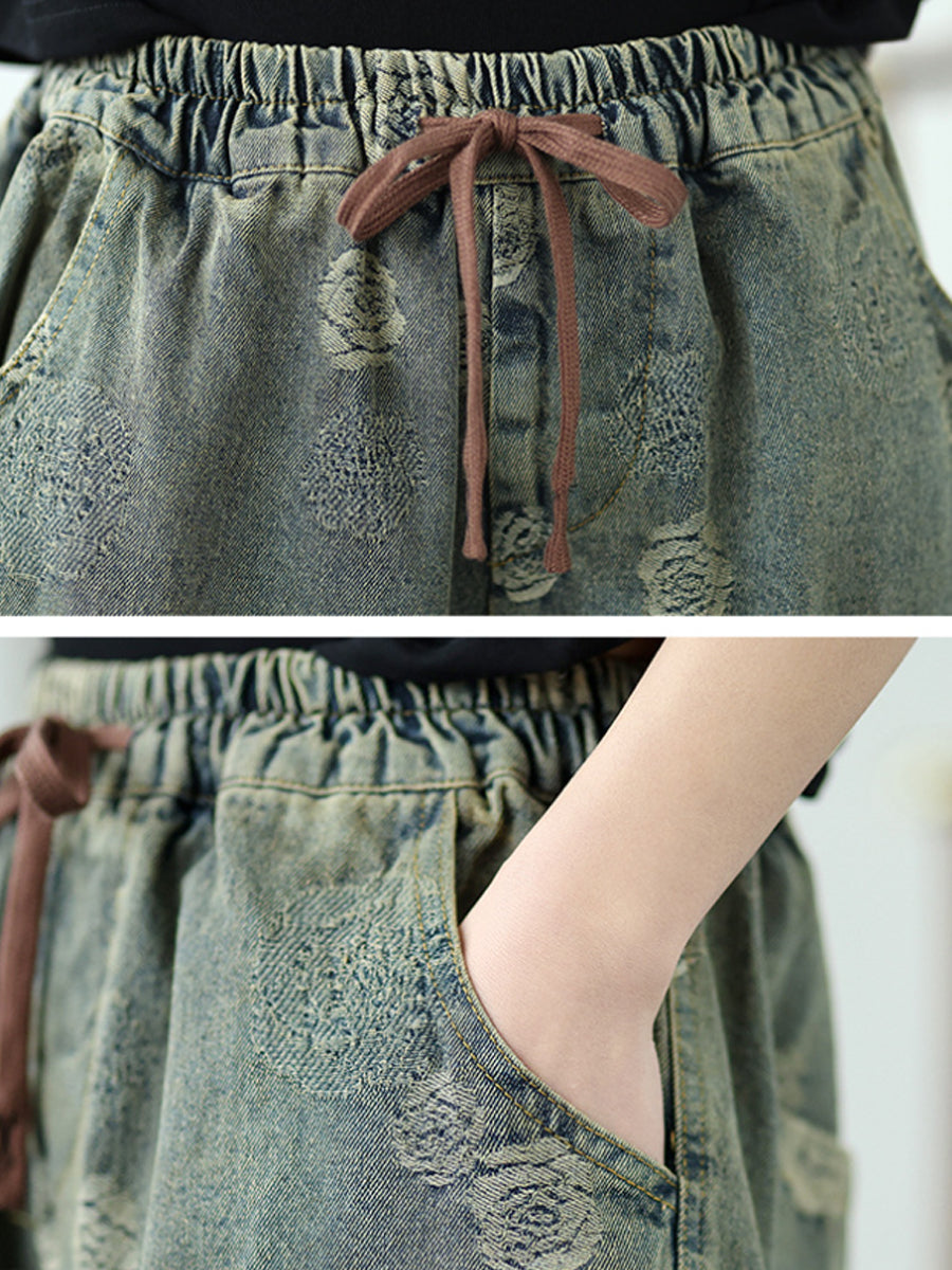 Women Artsy Summer Rose Denim Harem Pants