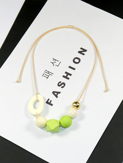 Women Artsy Geometric Wood Acrylic Copper Weave Necklace