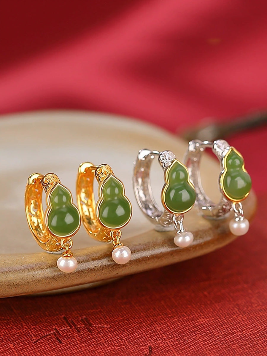 Women Vintage Jade Gourd Pearl Alloy Earrings