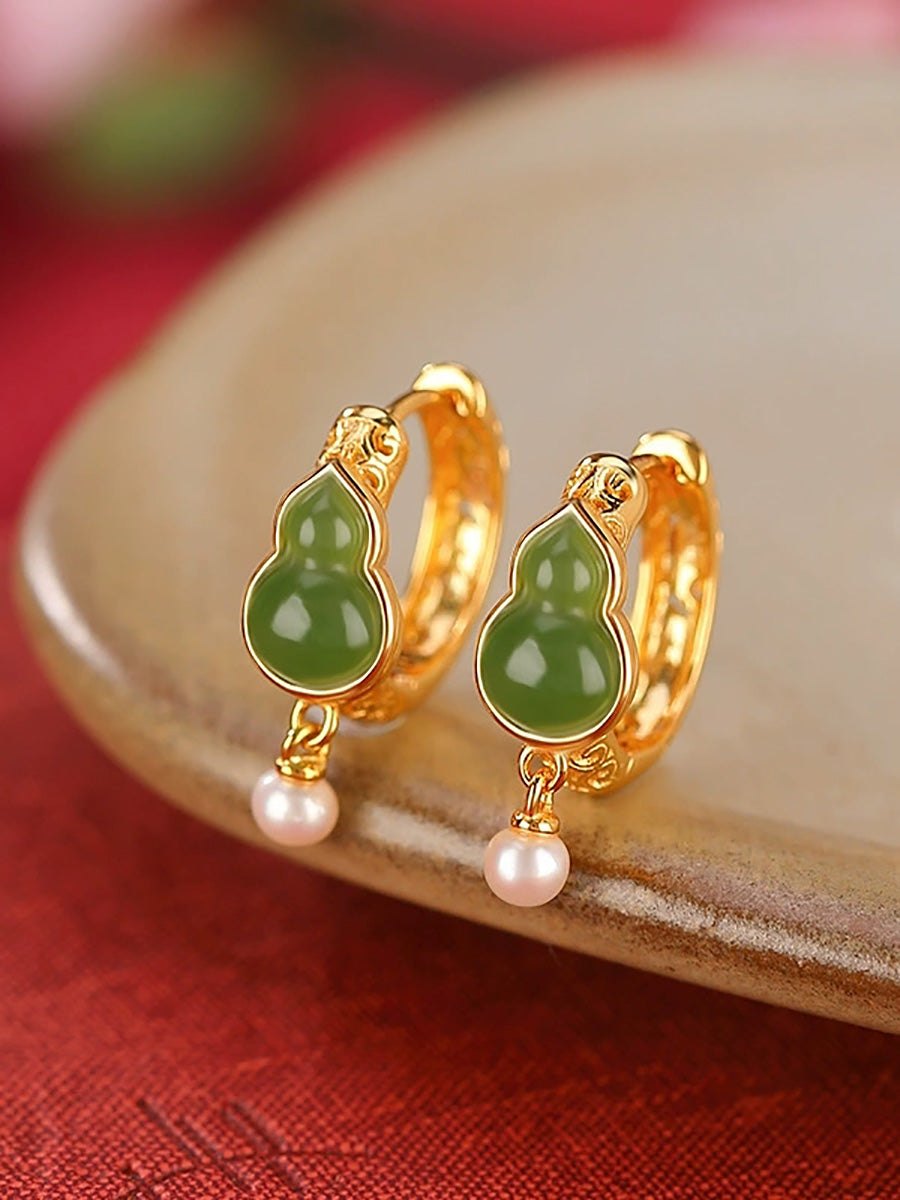 Women Vintage Jade Gourd Pearl Alloy Earrings