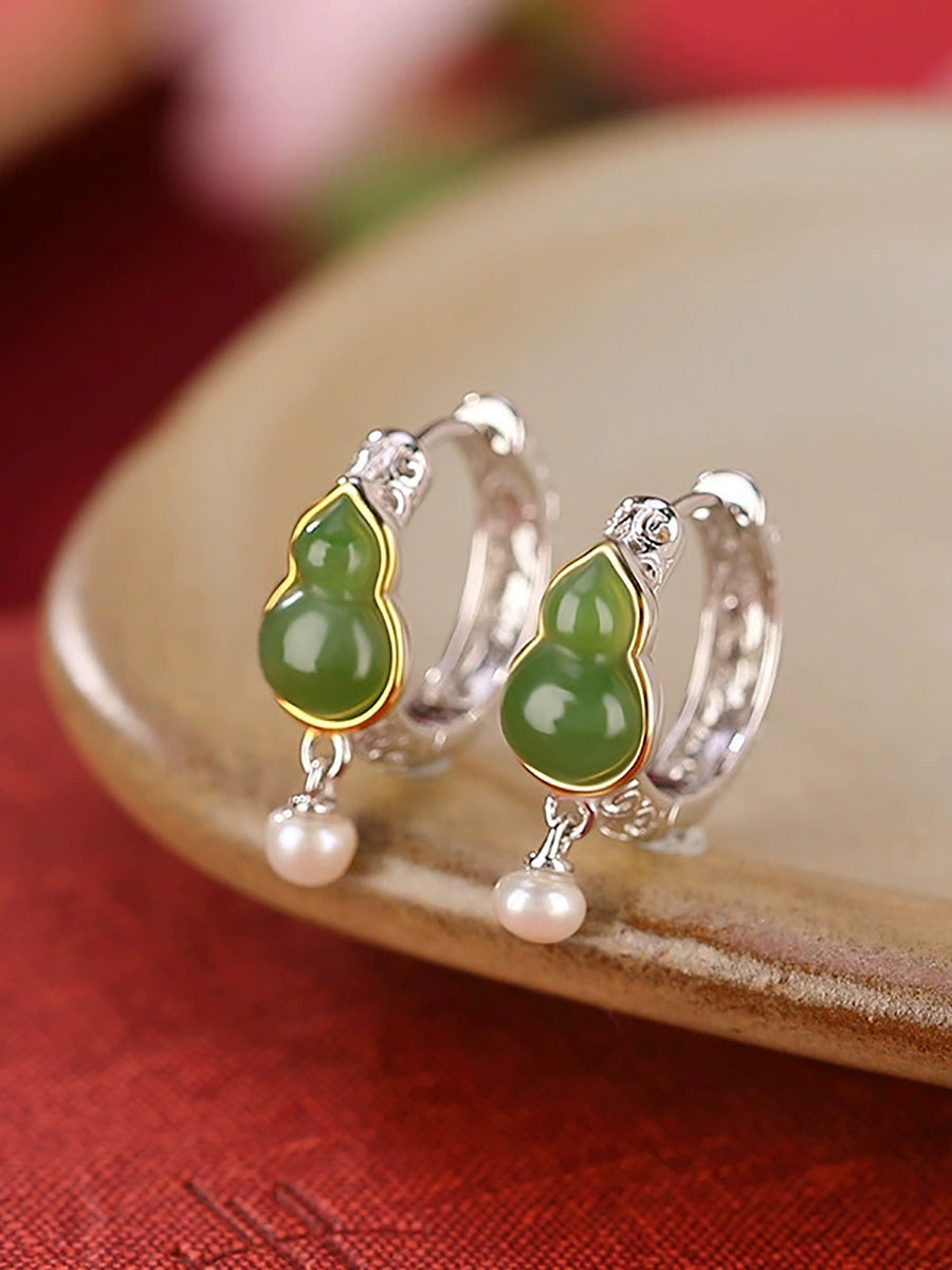Women Vintage Jade Gourd Pearl Alloy Earrings
