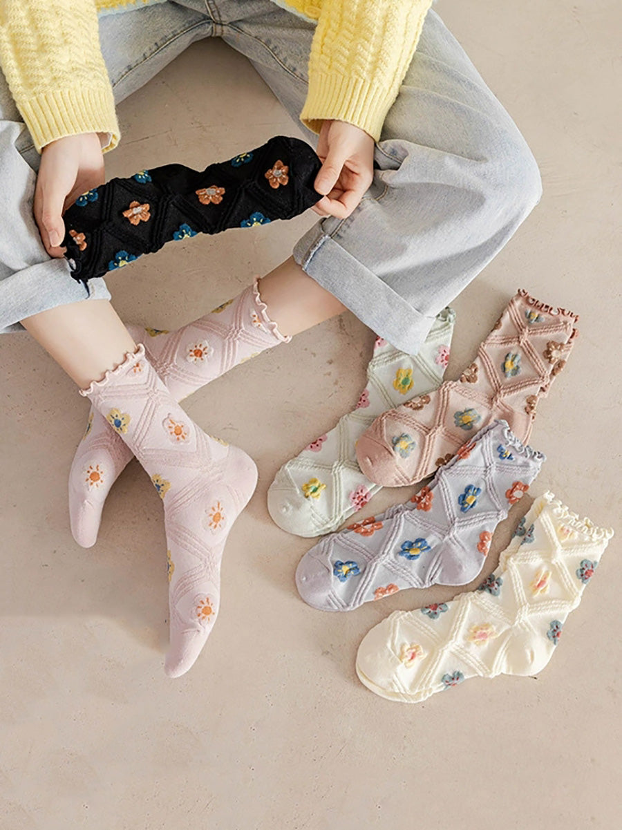 6 Pairs Women Artsy Summer Flower Rhombiods Socks