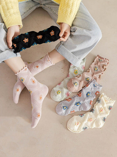 6 Pairs Women Artsy Summer Flower Rhombiods Socks