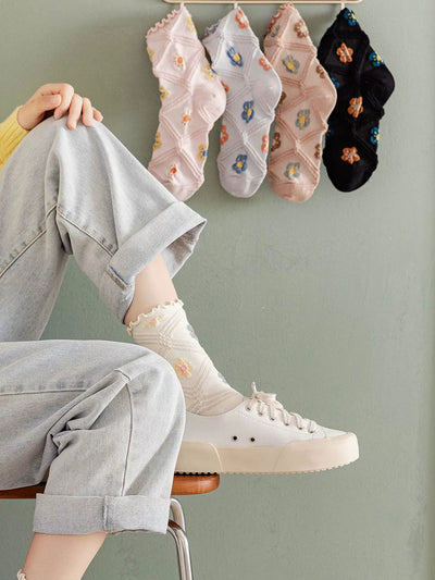 6 Pairs Women Artsy Summer Flower Rhombiods Socks