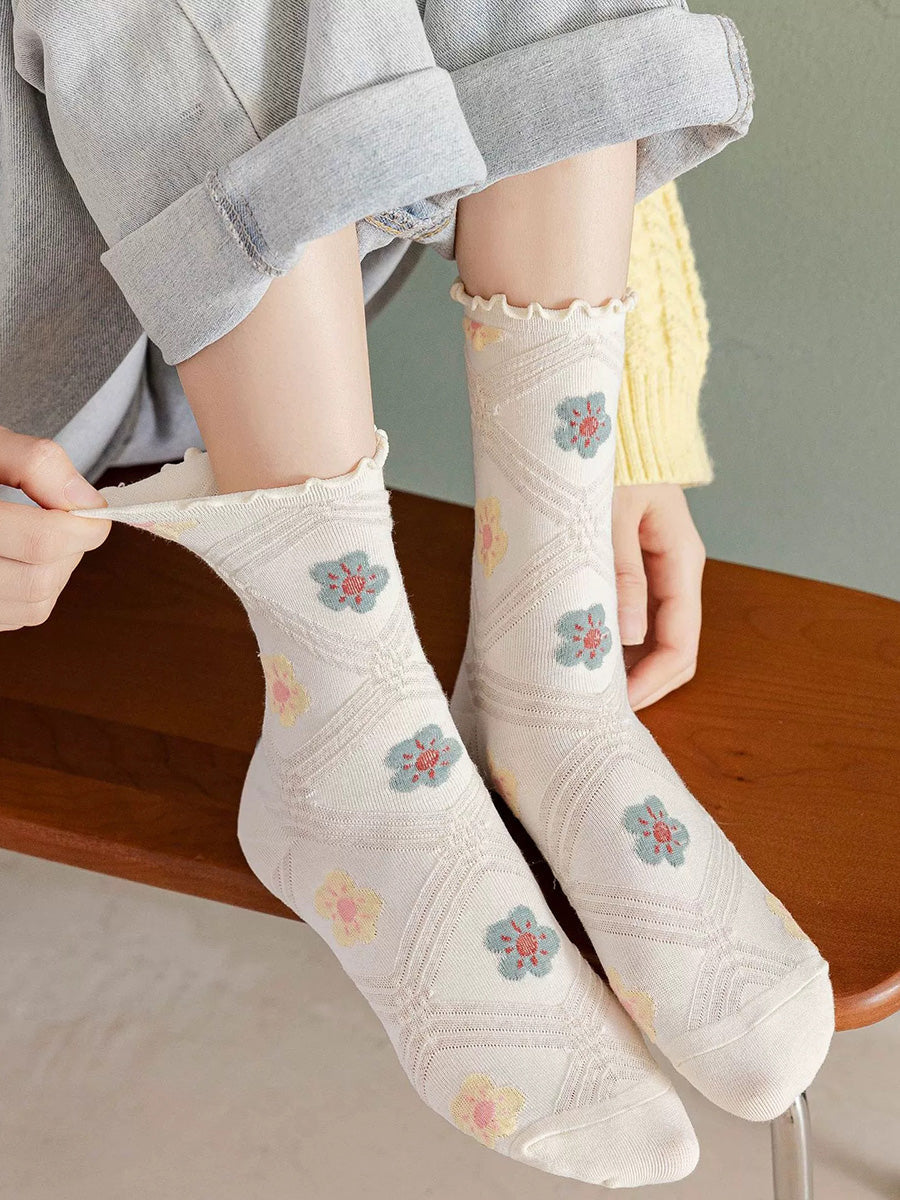 6 Pairs Women Artsy Summer Flower Rhombiods Socks
