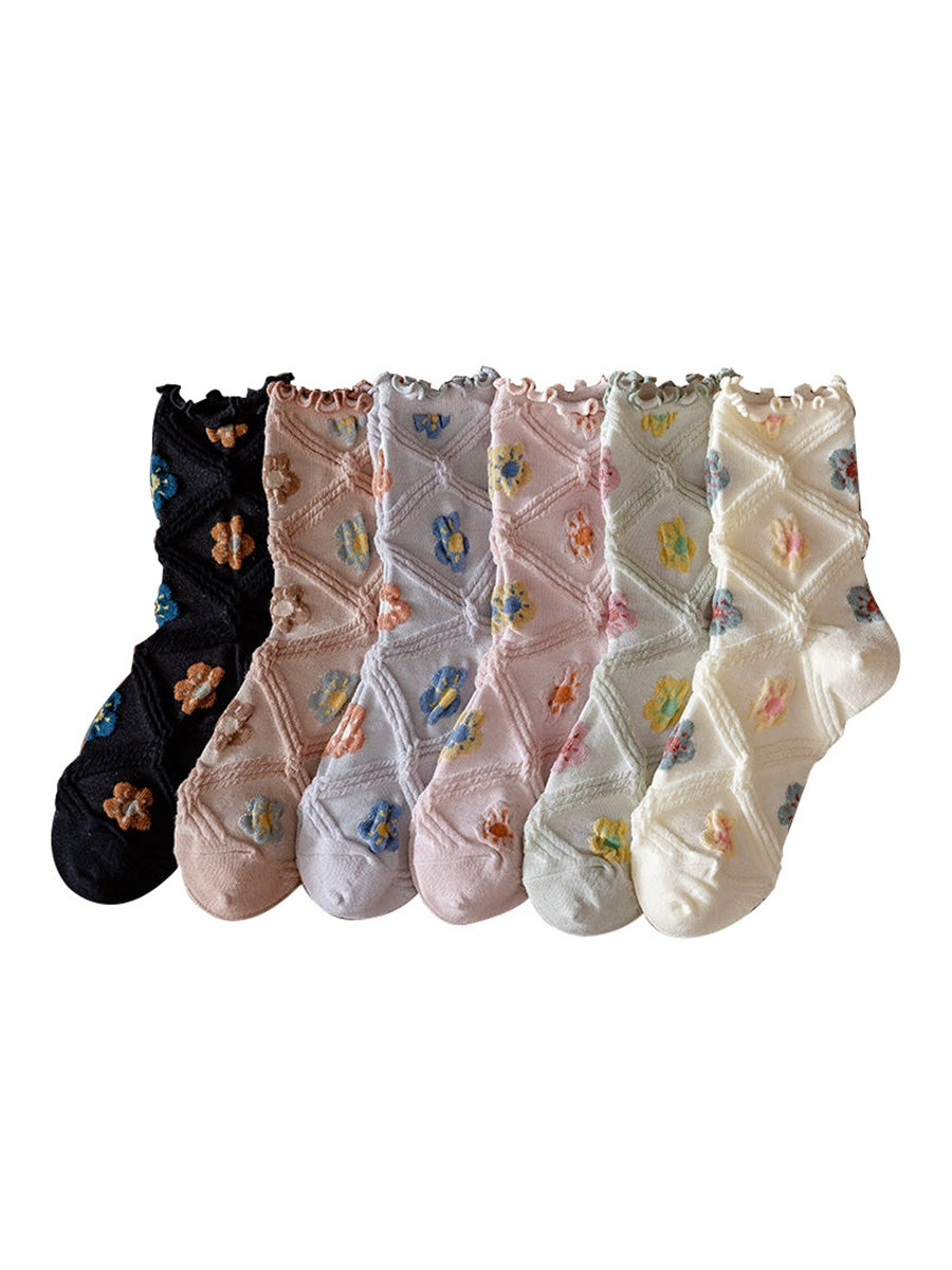 6 Pairs Women Artsy Summer Flower Rhombiods Socks