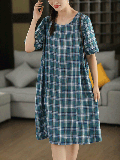 Women Summer Vintage Plaid O-Neck 100%Linen Dress