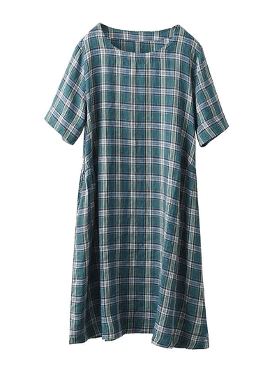 Women Summer Vintage Plaid O-Neck 100%Linen Dress