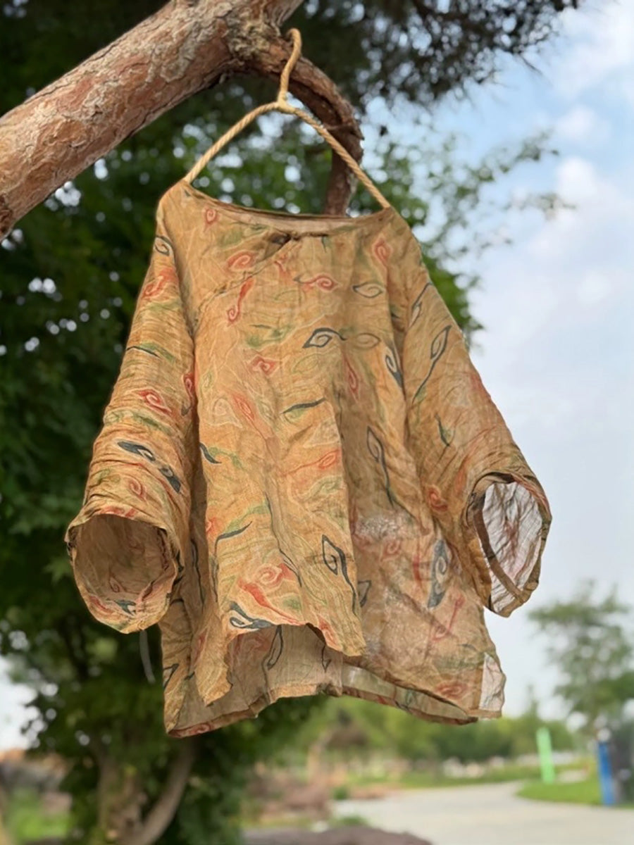 Women Summer Ethnic Flower Ramie O-Neck Shirt