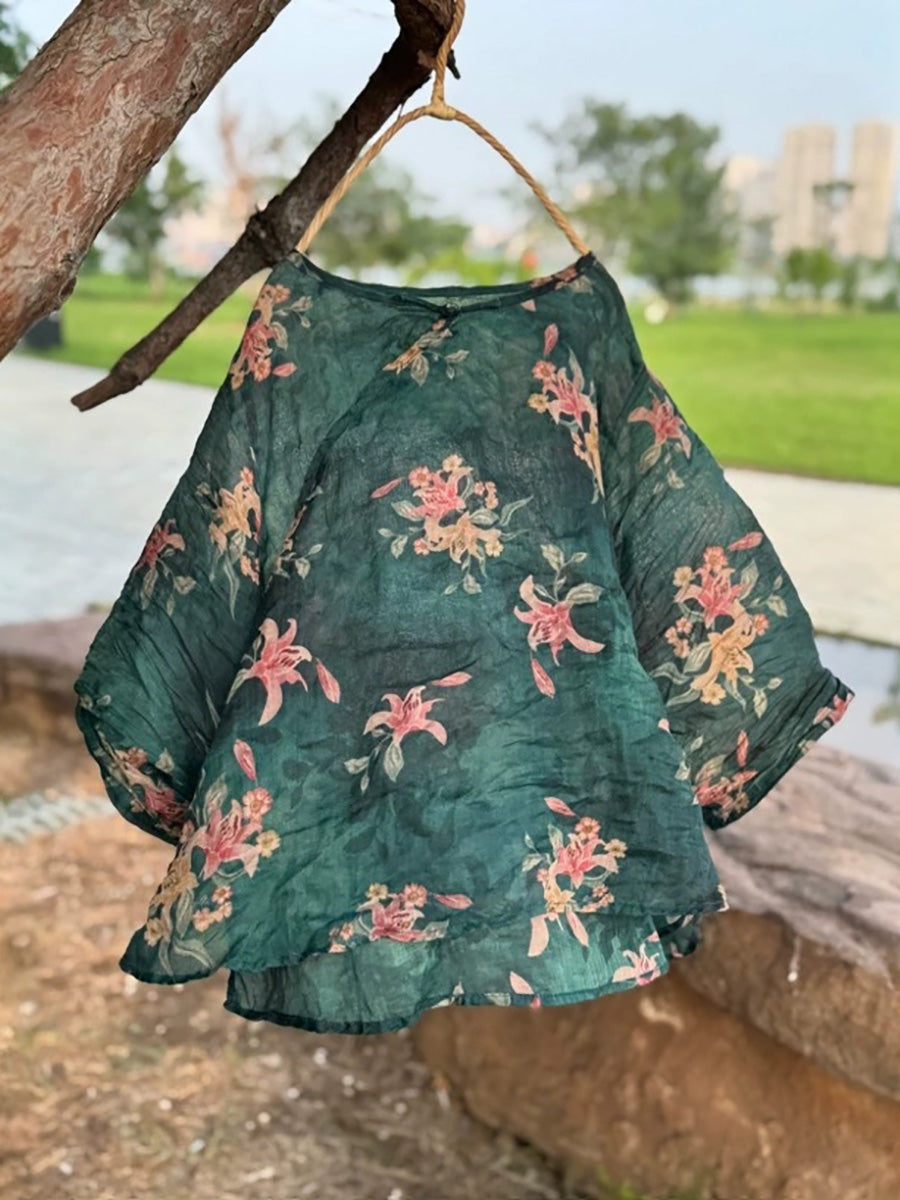 Women Summer Ethnic Flower Ramie O-Neck Shirt