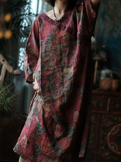 Women Summer Vintage Flower Ramie V-Neck Dress