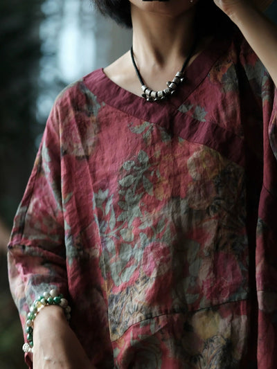 Women Summer Vintage Flower Ramie V-Neck Dress