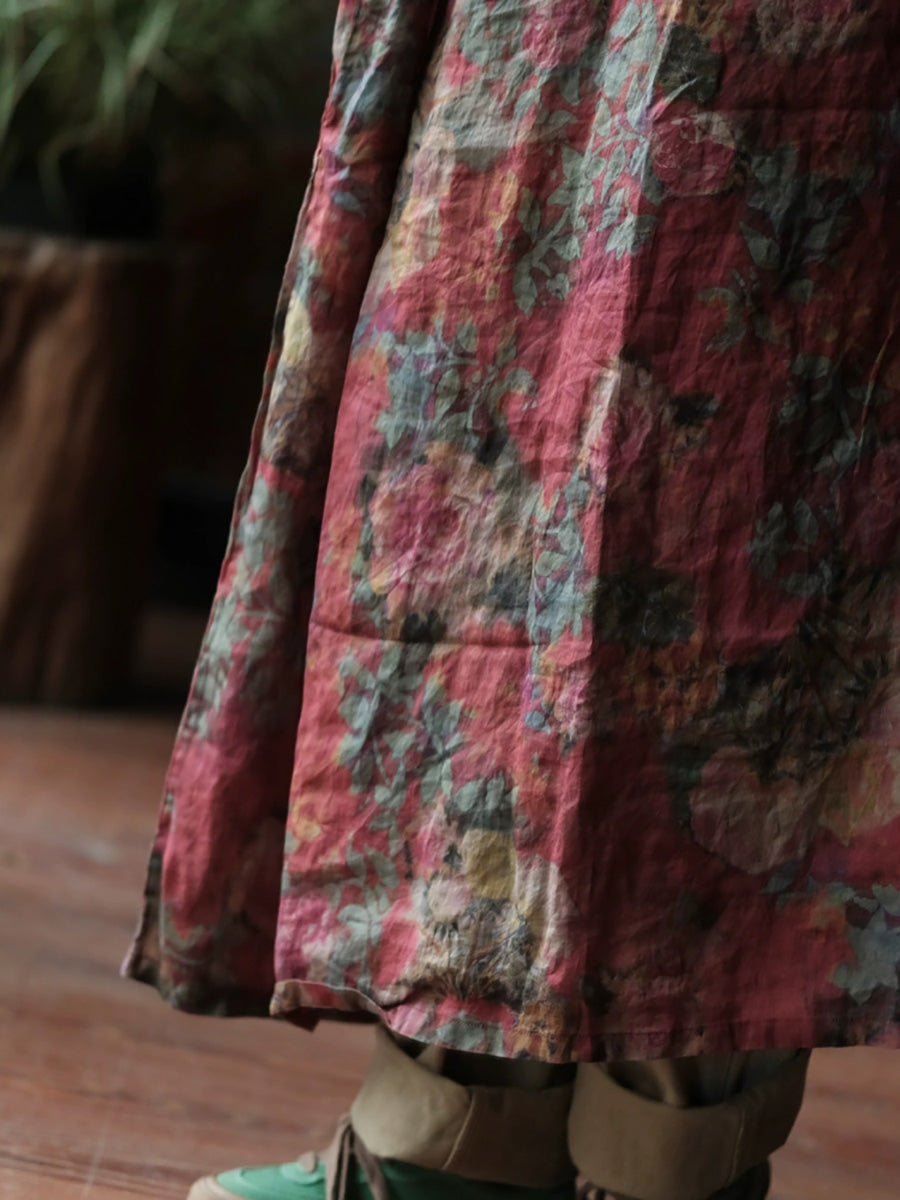 Women Summer Vintage Flower Ramie V-Neck Dress