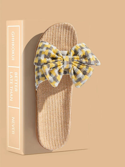 Women Summer Artsy Plaid Bowknot Linen Slippers