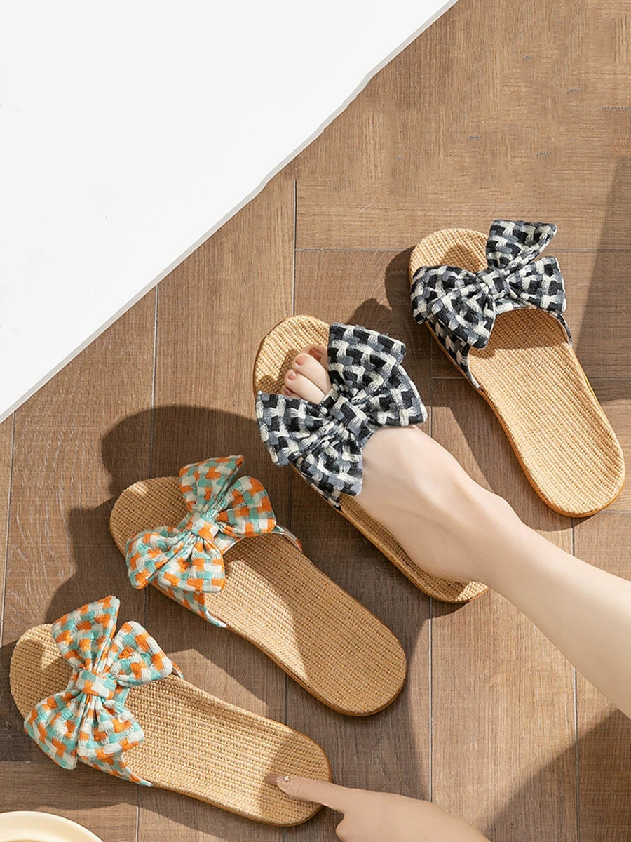 Women Summer Artsy Plaid Bowknot Linen Slippers