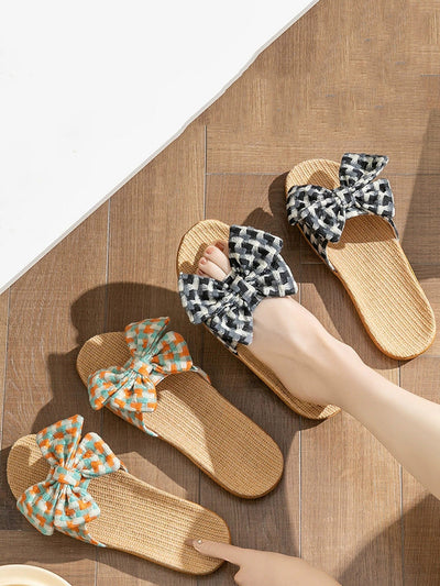 Women Summer Artsy Plaid Bowknot Linen Slippers