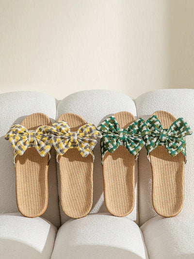 Women Summer Artsy Plaid Bowknot Linen Slippers